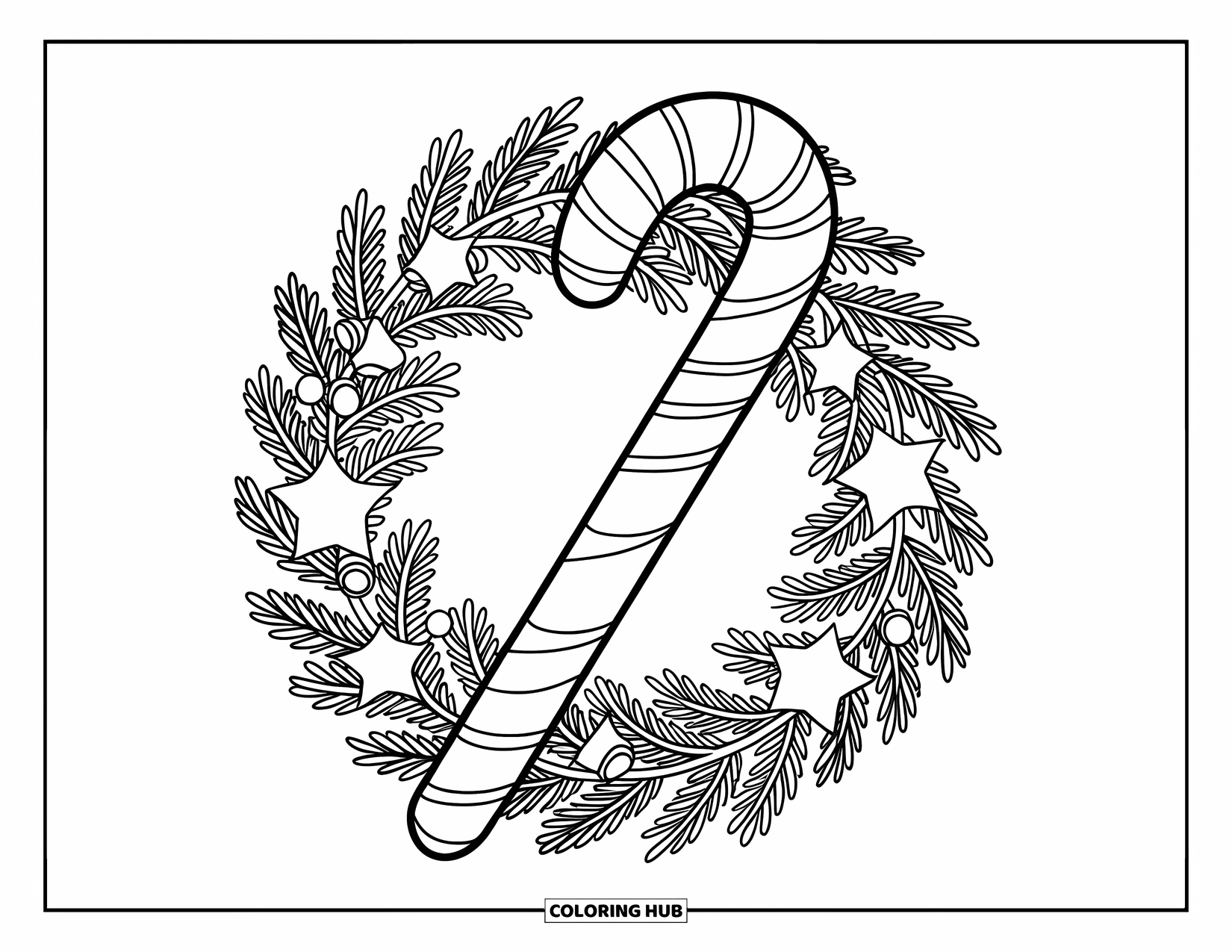 Candy Cane Coloring Page for Kids: A candy cane sits in a wreath made of fir, stars, and festive bells
