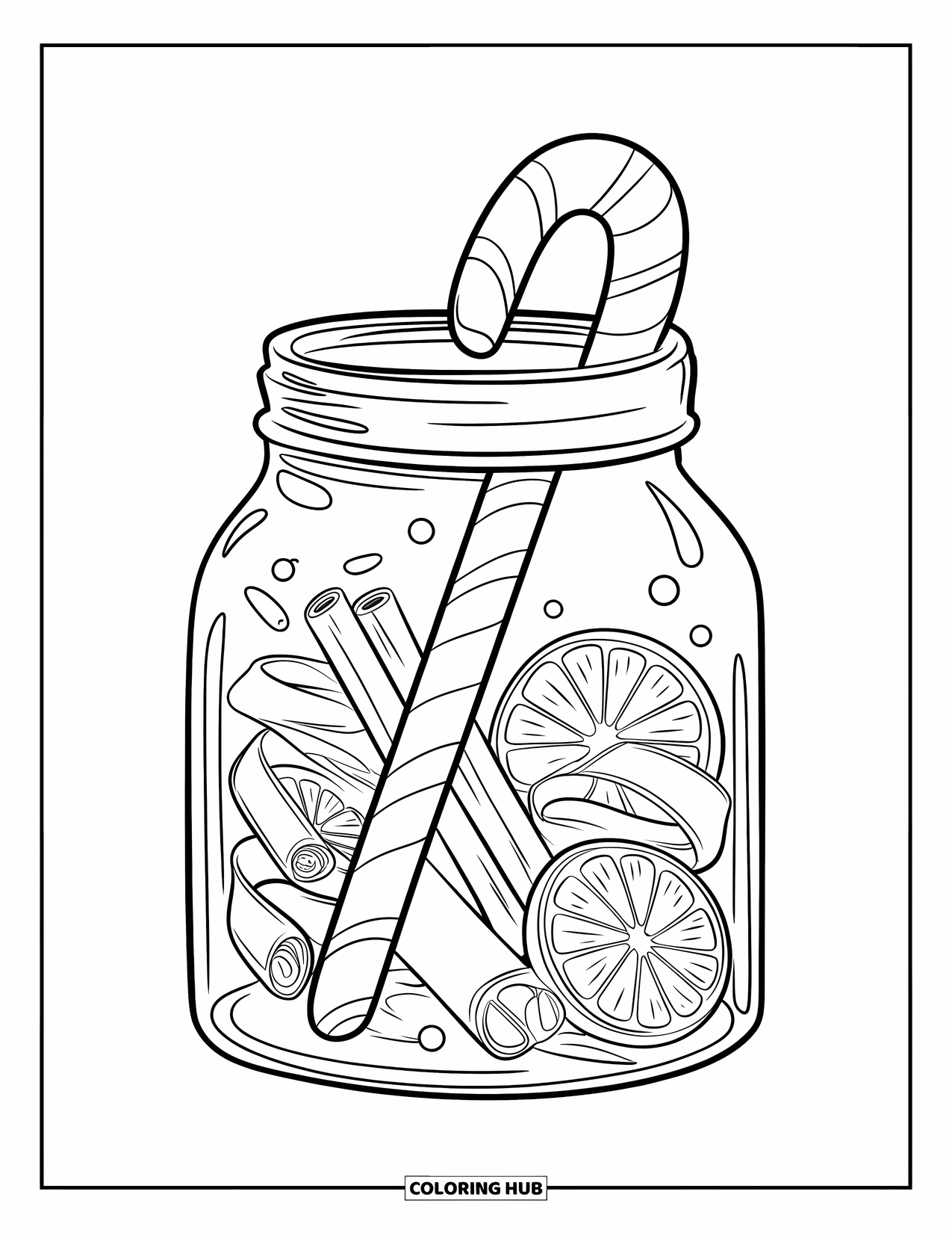 Candy Cane Coloring Page for Kids: A candy cane sits inside a jar filled with cinnamon, oranges, and ribbons