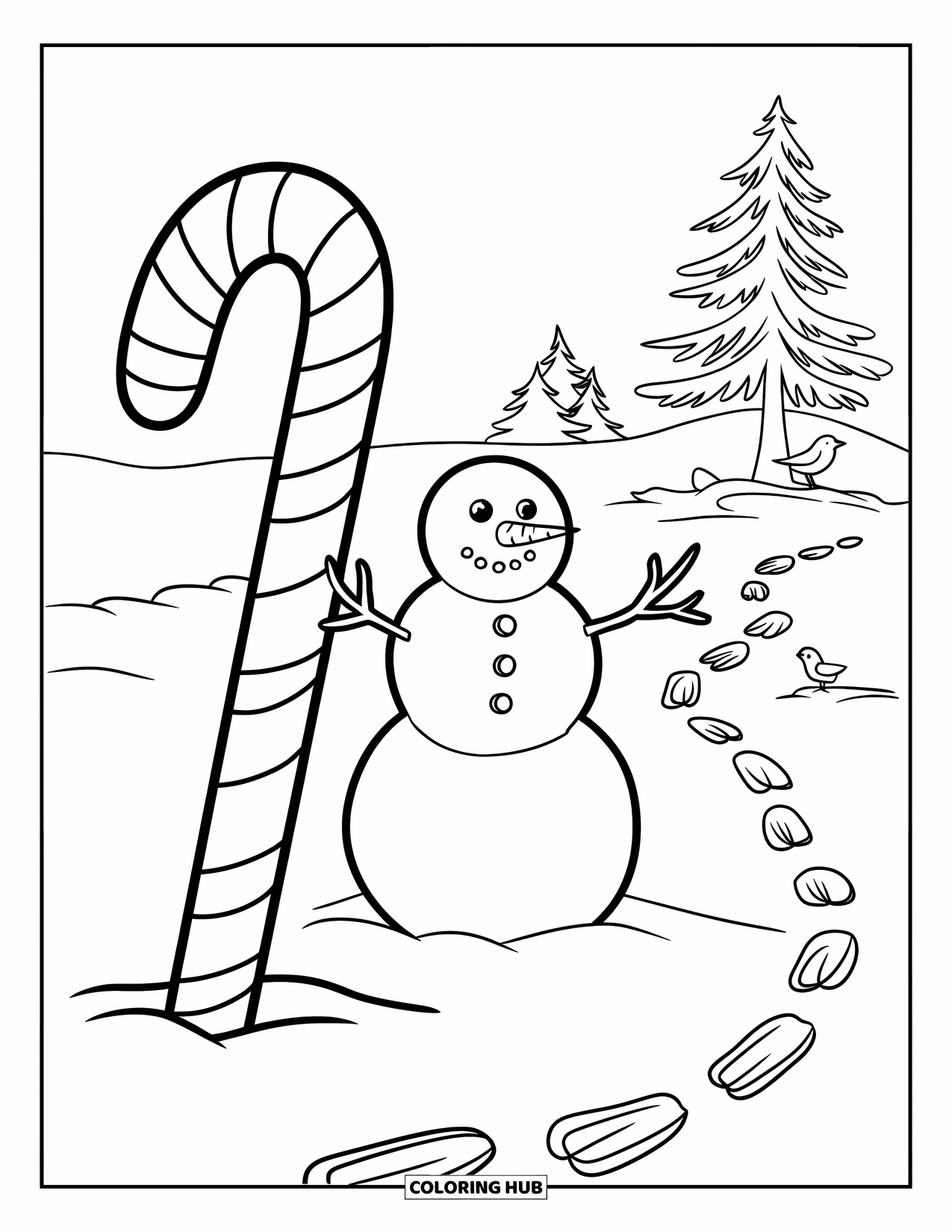 Candy Cane Coloring Page for Kids: A candy cane stands in snow beside a snowman, pine tree, and bird tracks
