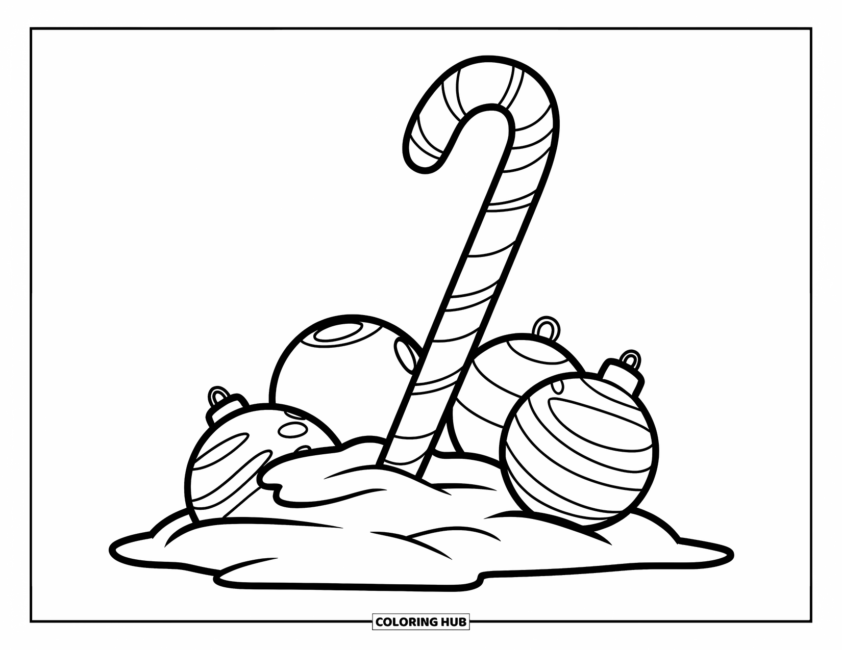 Candy Cane Coloring Page for Kids: A candy cane stands in snow beside ornaments shaped like a star, heart, and flower