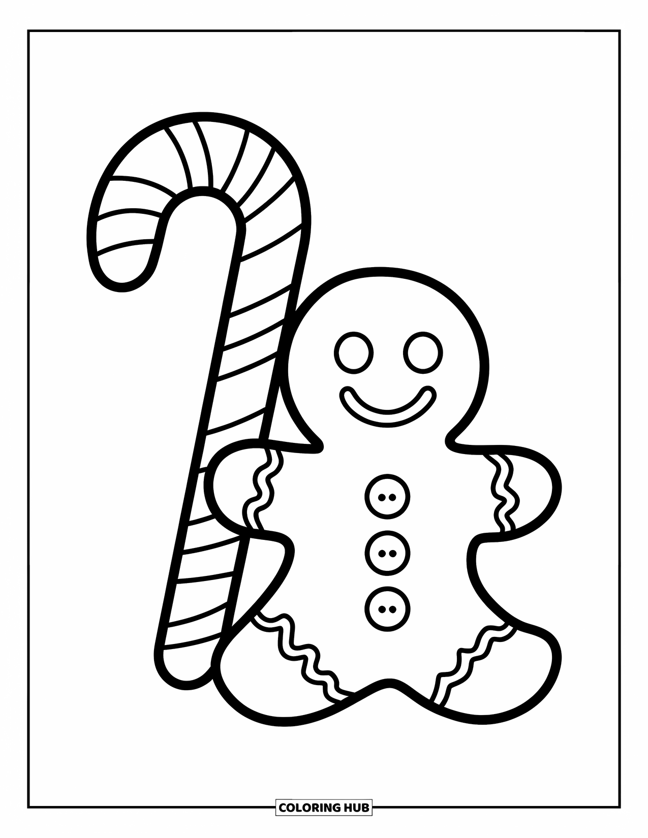 Candy Cane Coloring Page for Kids: A candy cane stands next to a smiling gingerbread man with big buttons