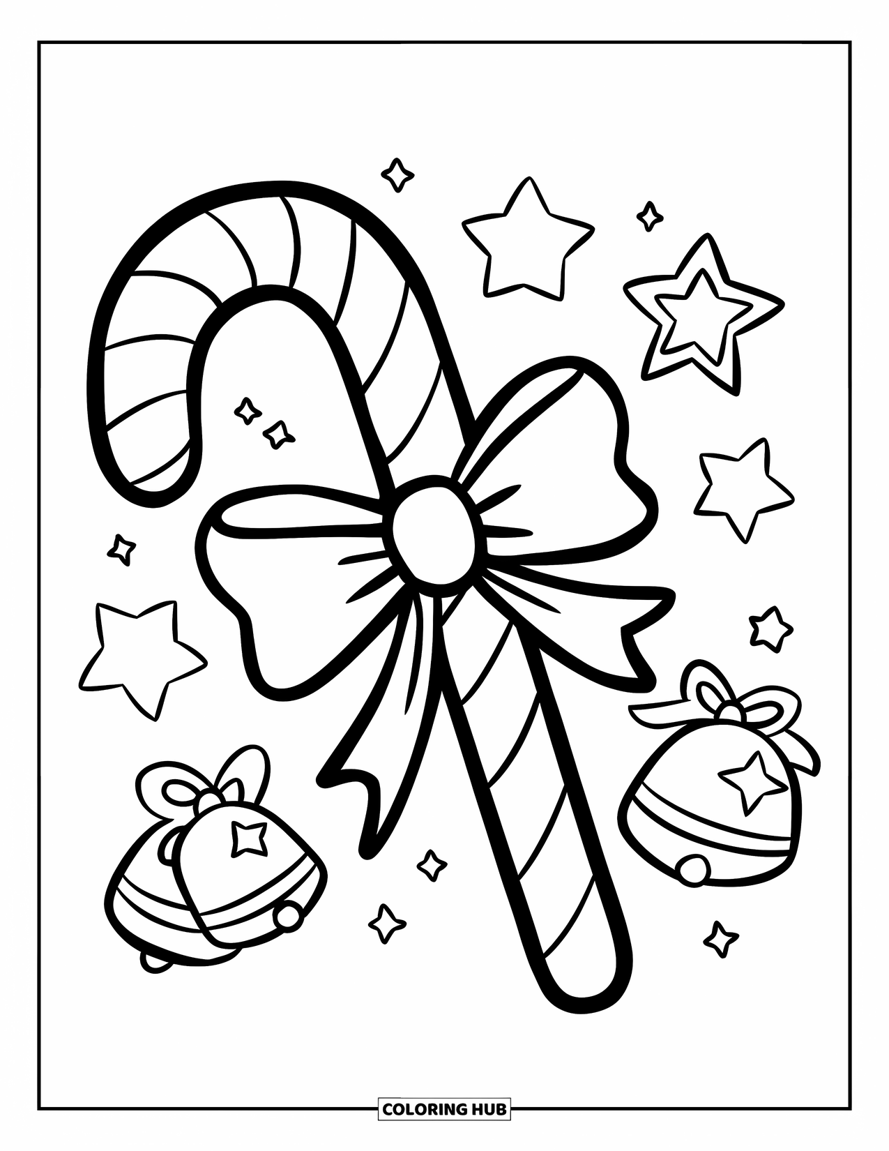 Candy Cane Coloring Page for Kids: A candy cane with a bold bow is surrounded by four stars and two jingle bells