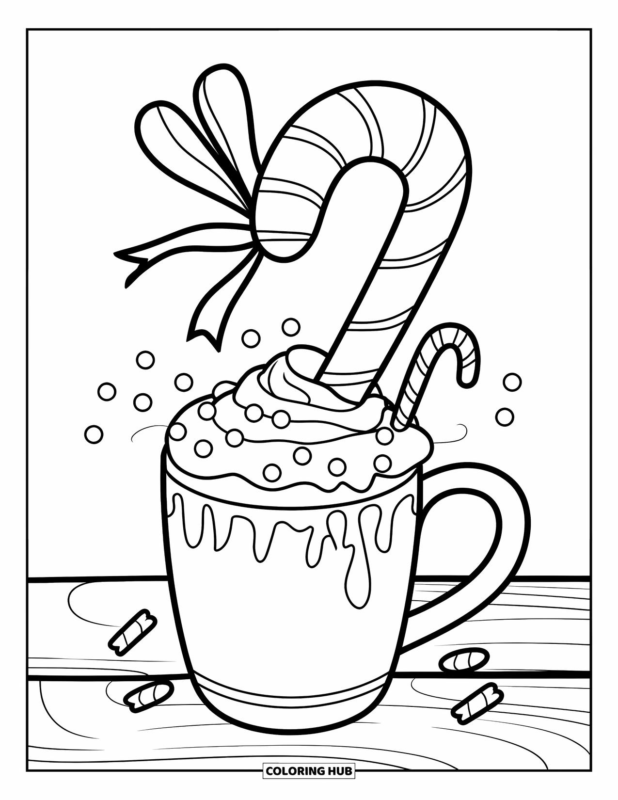 Candy Cane Coloring Page for Kids: A candy cane with a ribbon sits in whipped cream inside a cozy holiday mug