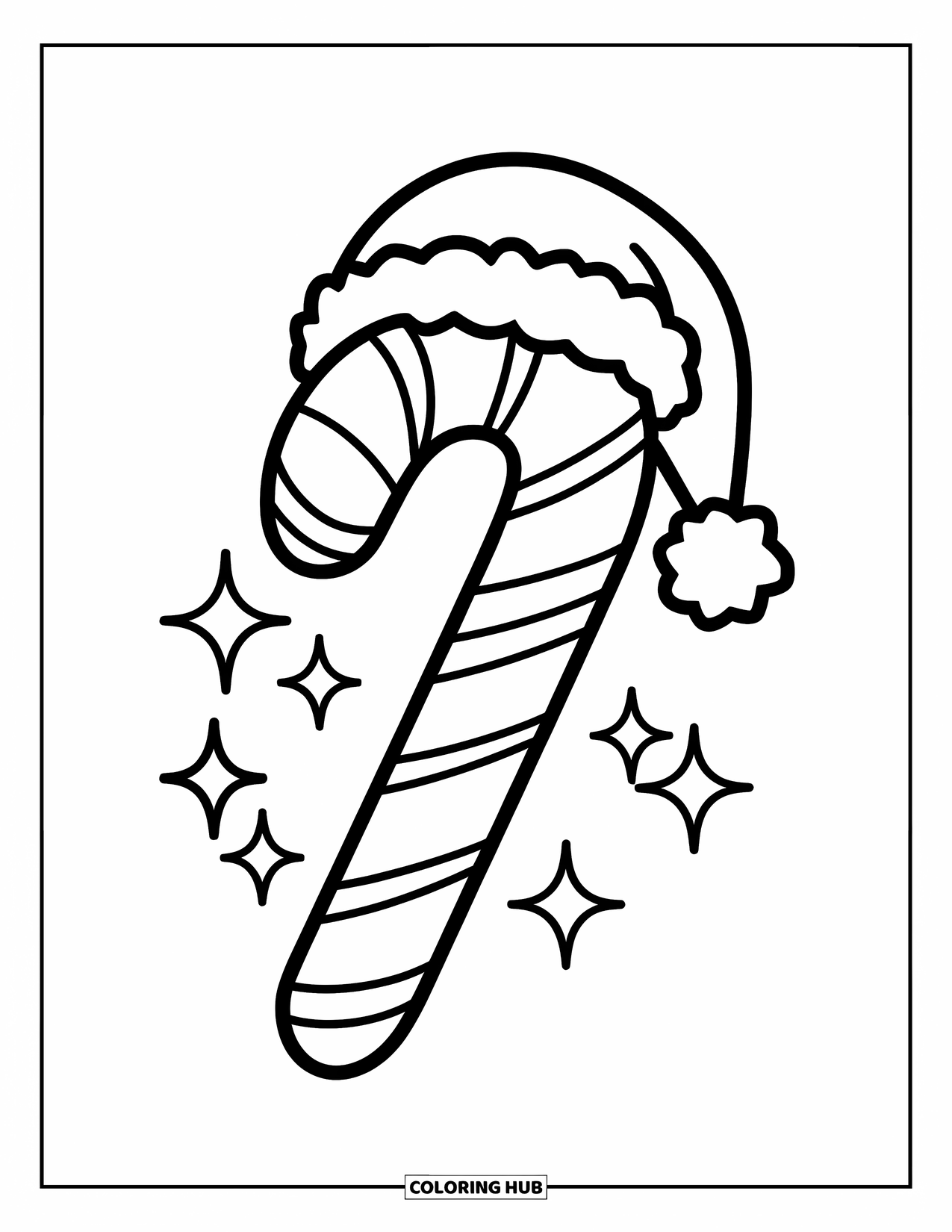 Candy Cane Coloring Page for Kids: A candy cane with a Santa hat is surrounded by cheerful sparkles on a white background