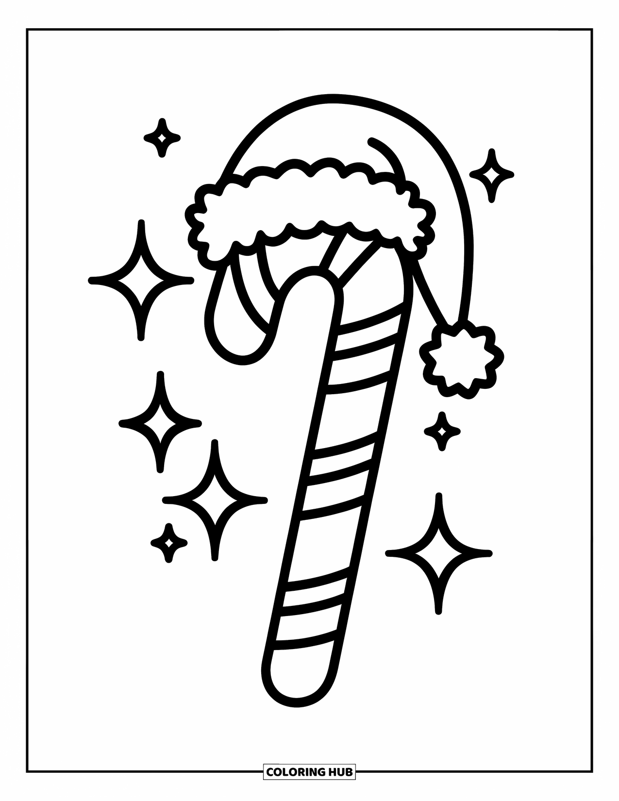 Candy Cane Coloring Page for Kids: A candy cane with a Santa hat sparkles with stars and hearts around it