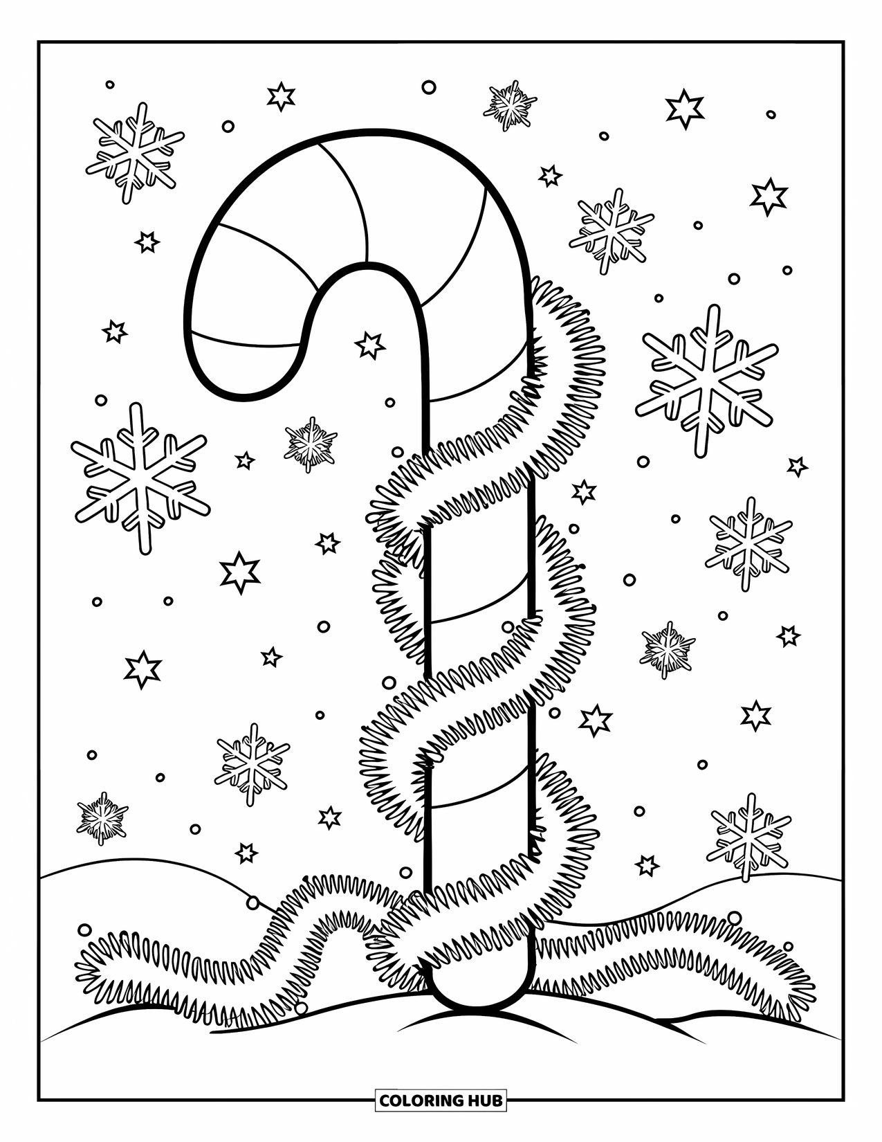 Candy Cane Coloring Page for Kids: A candy cane wrapped in garland stands upright in snow as stars fall above