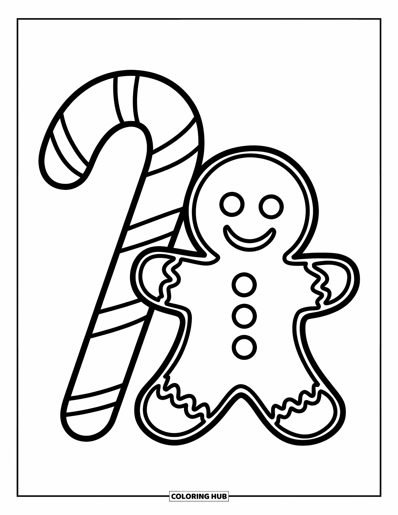 Candy Cane Coloring Page for Kids: A cheerful gingerbread man smiles next to a candy cane with bold, clean outlines