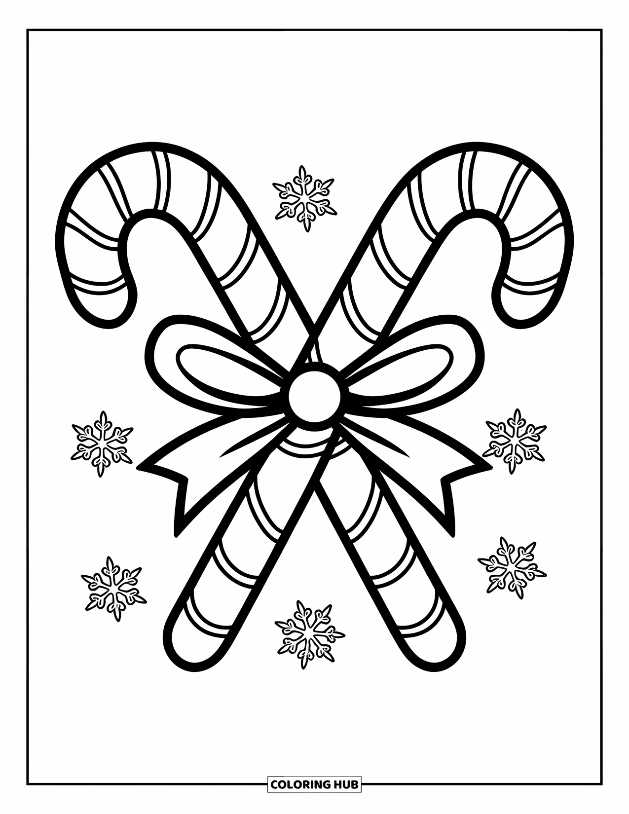 Candy Cane Coloring Page for Kids: A cheerful pair of candy canes cross in an X with a ribbon and snowflakes