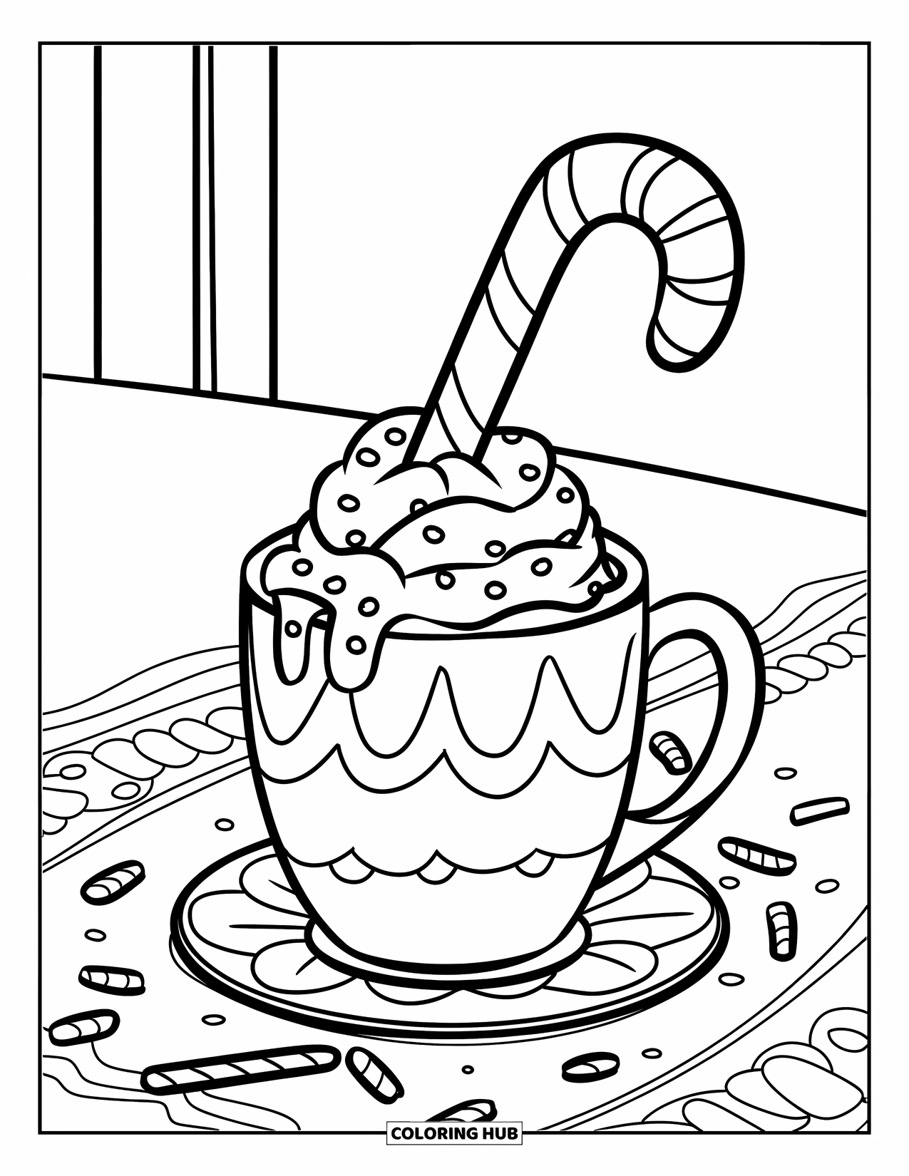 Candy Cane Coloring Page for Kids: A cozy mug of whipped cream holds a candy cane and candy sprinkles