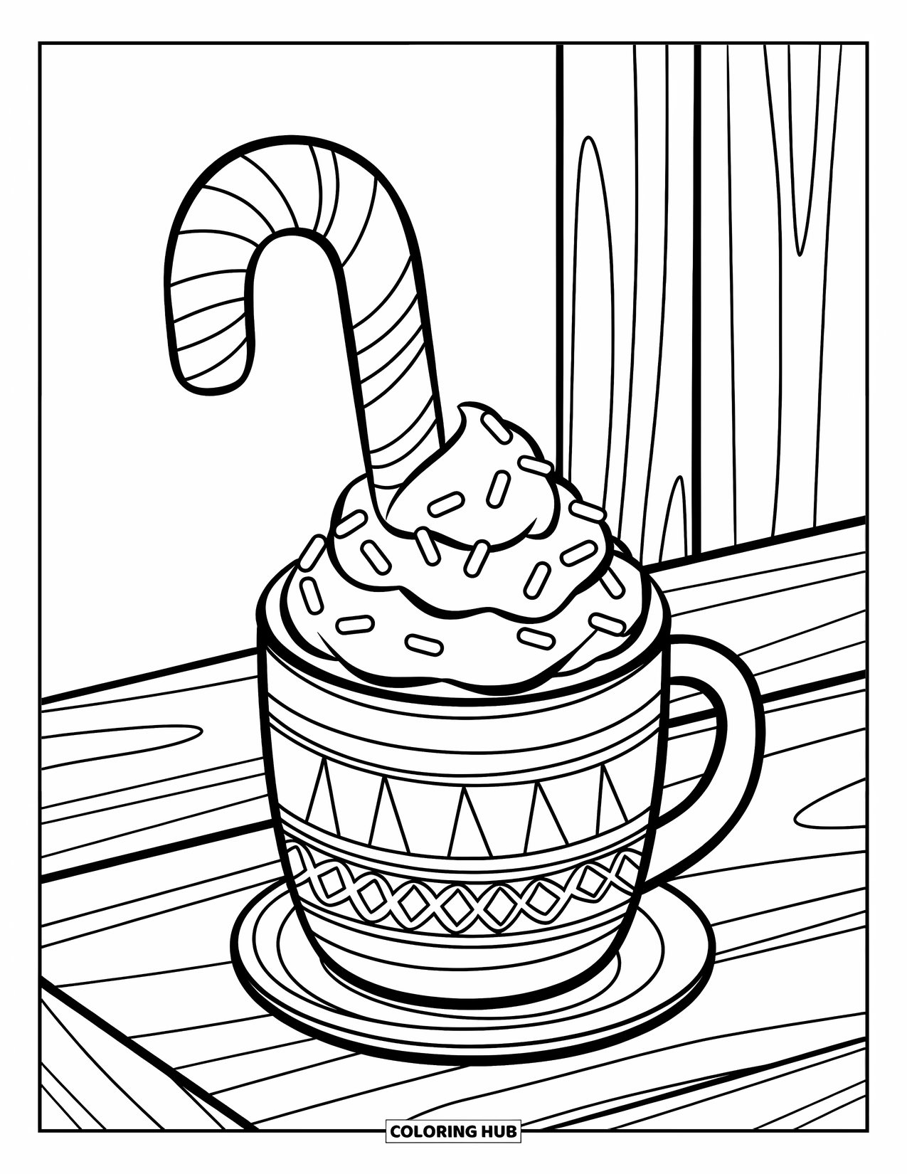 Candy Cane Coloring Page for Kids: A decorated mug holds a candy cane and whipped cream on a wooden surface
