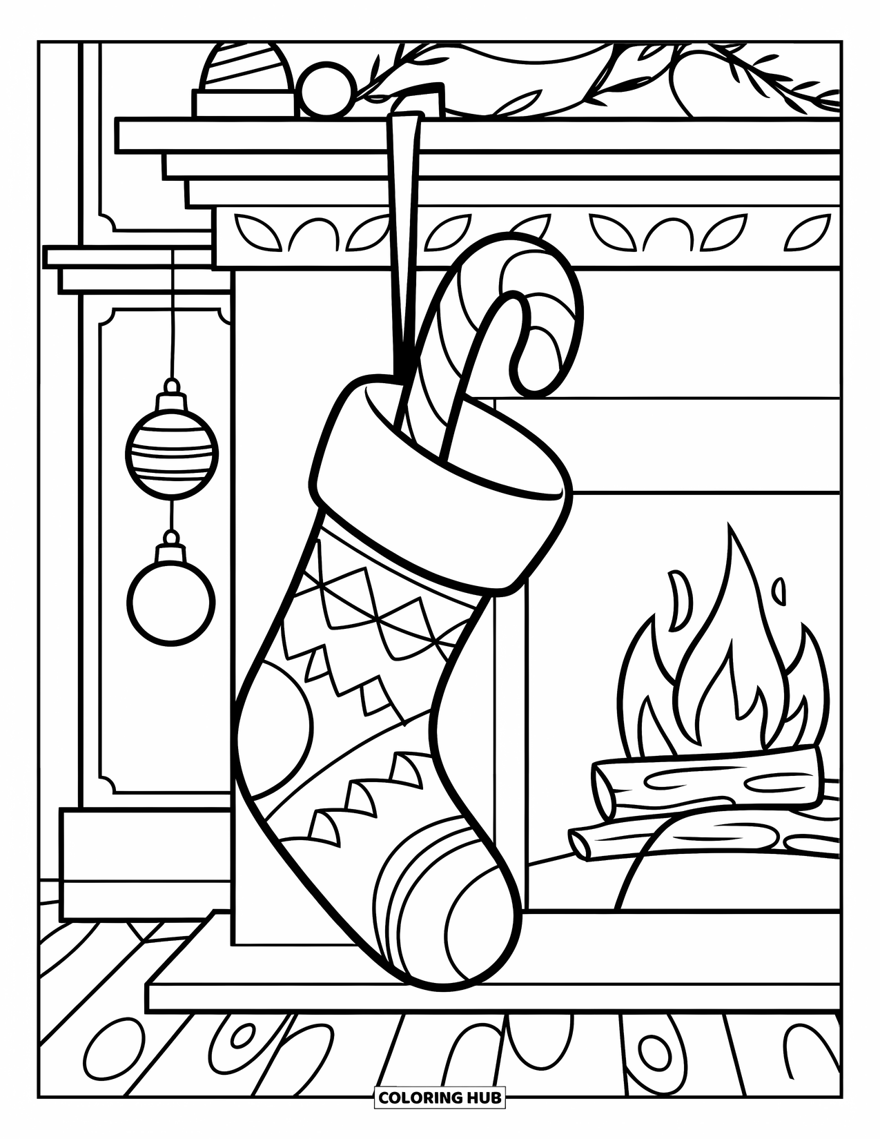 Candy Cane Coloring Page for Kids: A decorated stocking with a candy cane hangs above a glowing fireplace