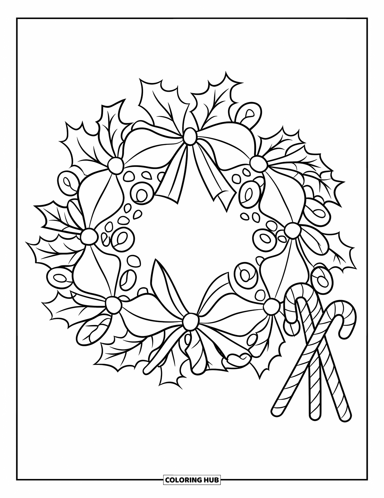 Candy Cane Coloring Page for Kids: A festive wreath of candy canes, holly, and ribbons rests on a white background