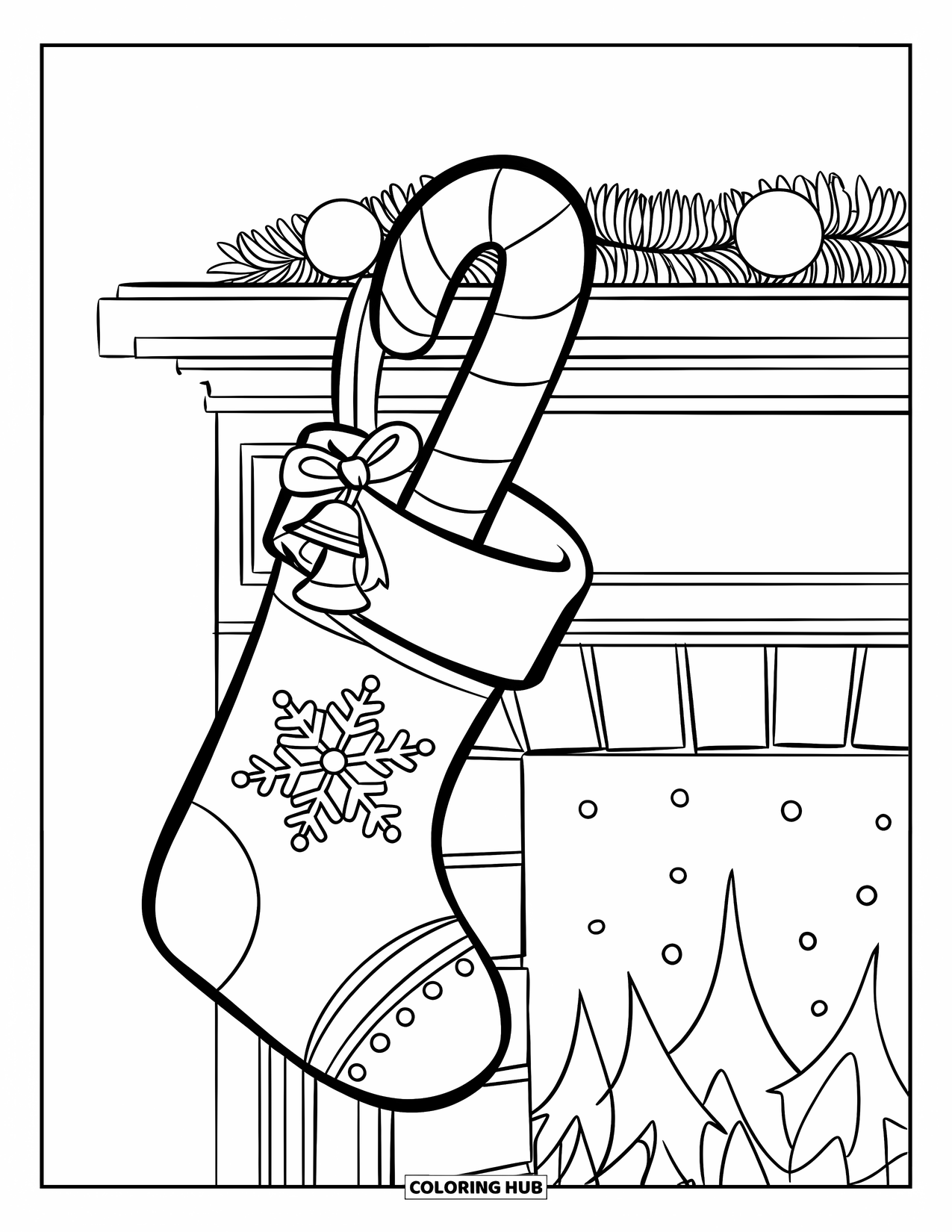 Candy Cane Coloring Page for Kids: A stocking hangs from a mantle with a candy cane and festive decorations