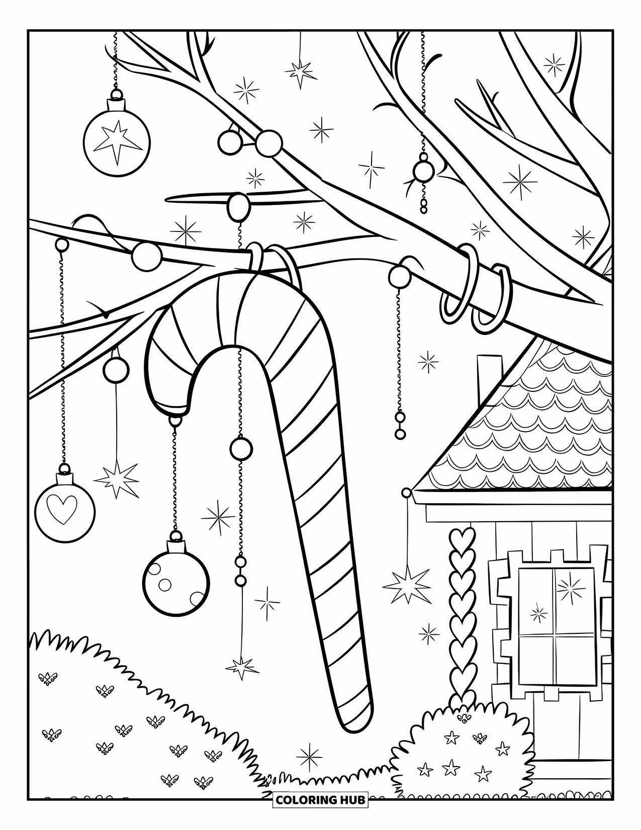 Candy Cane Coloring Page for Kids: A tree decorated with lights and stars holds a candy cane near a cozy house