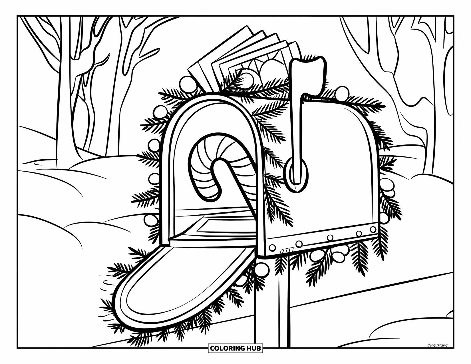 Candy Cane Coloring Page for Kids: A vintage mailbox holds a candy cane and cards in a snowy winter scene