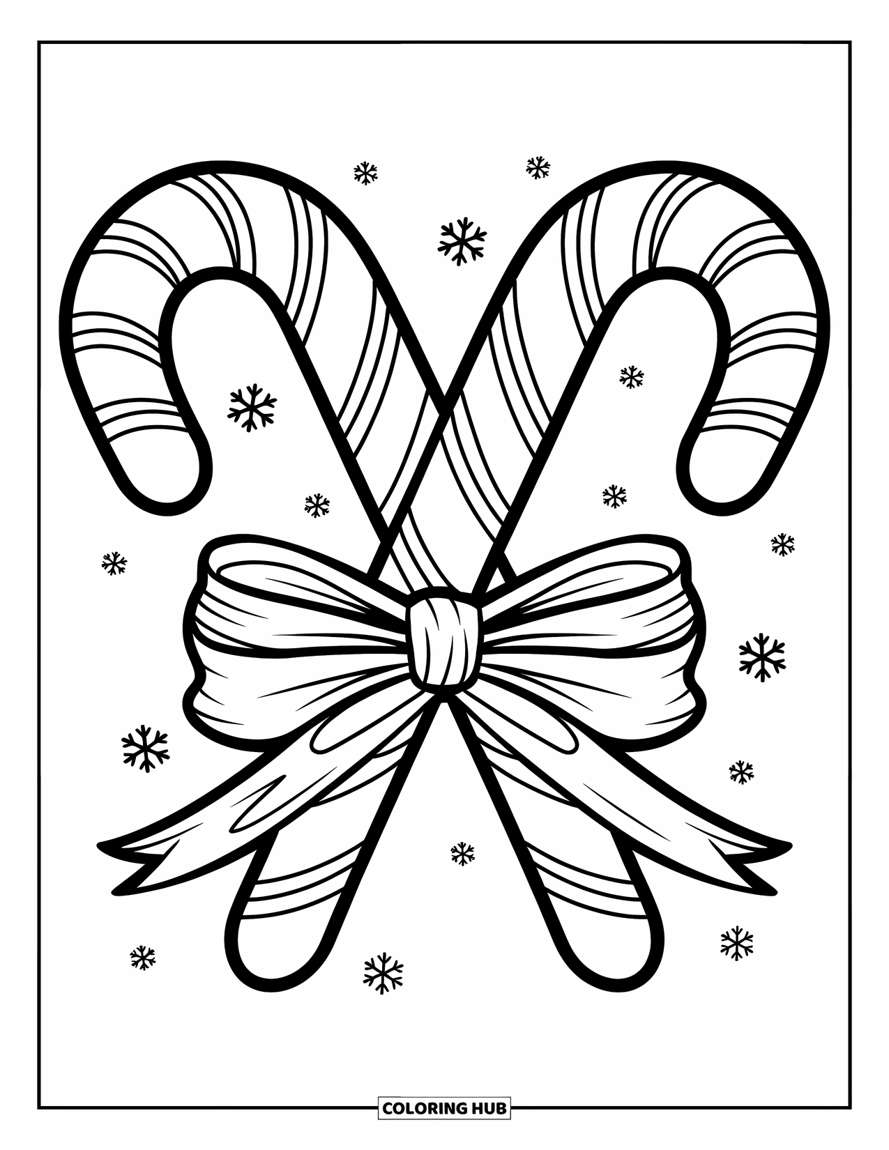 Candy Cane Coloring Page for Kids: Candy canes crisscross with a detailed ribbon and falling snowflakes around them