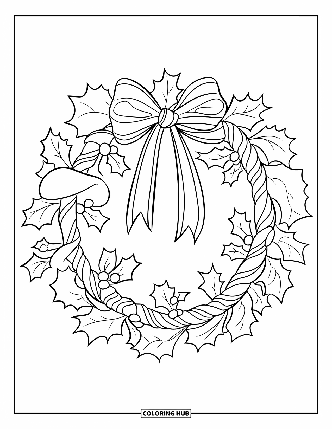 Candy Cane Coloring Page for Kids: Candy canes, holly, and ribbons form a cheerful wreath with bold, clean outlines
