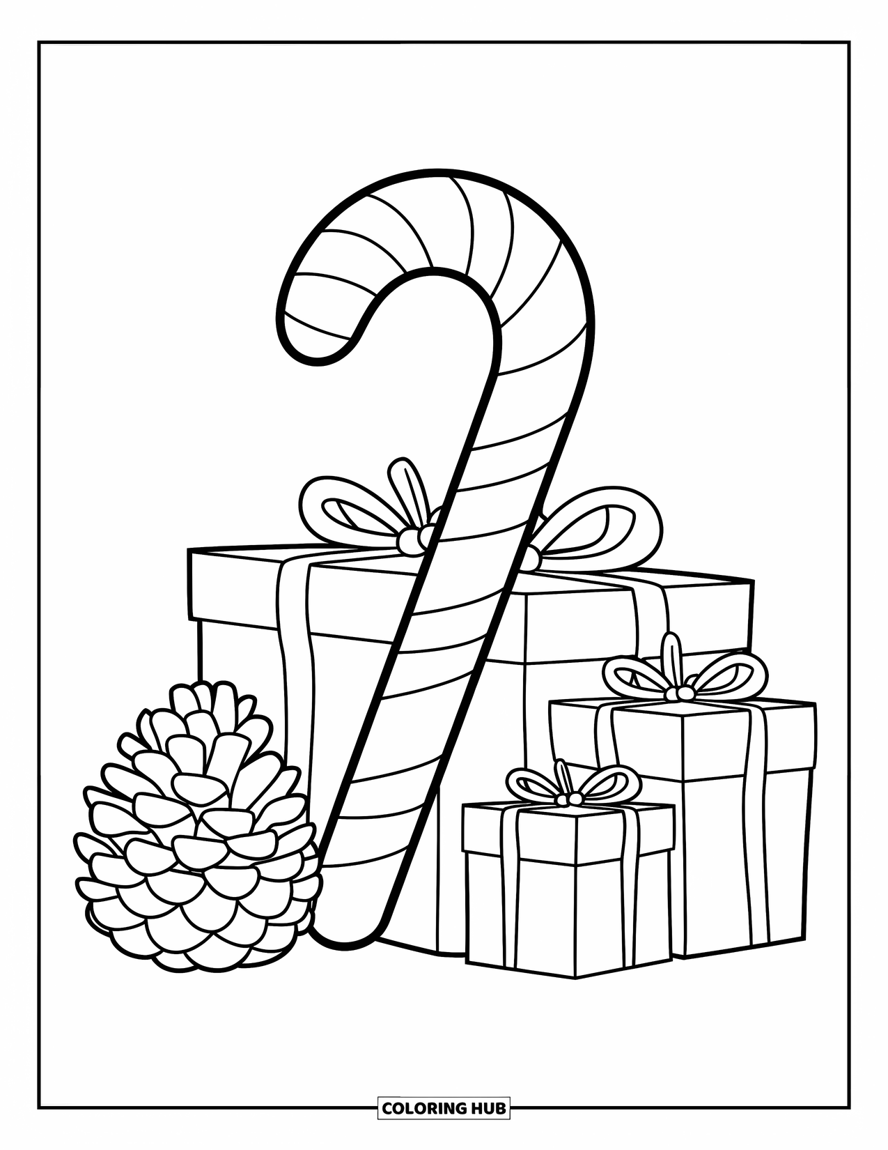 Candy Cane Coloring Page for Kids: Gifts and pinecone rest beside a striped candy cane in a clean holiday layout