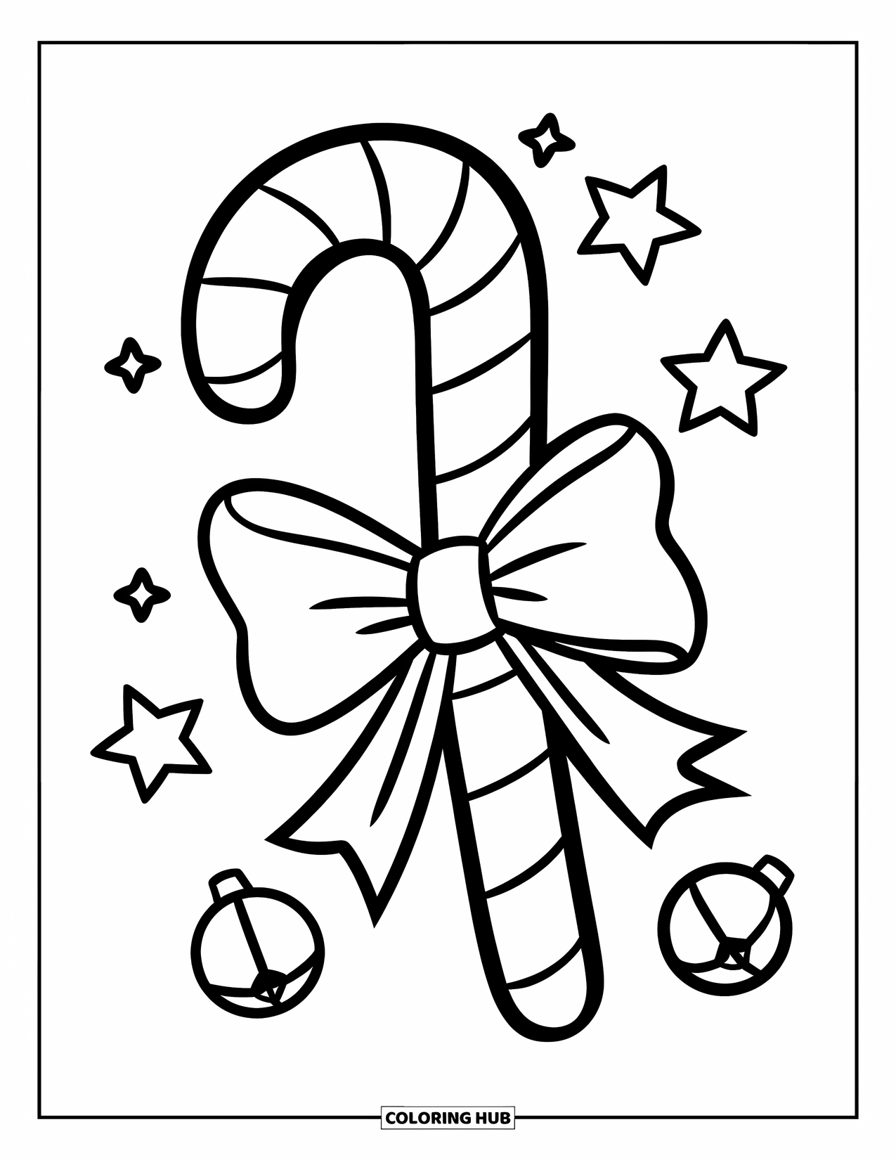 Candy Cane Coloring Page for Kids: Stars and jingle bells frame a candy cane with a big bow in the center