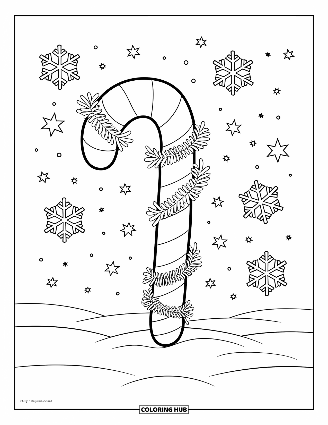 Candy Cane Coloring Page for Kids: Stars and snowflakes surround a garland-wrapped candy cane standing in snowy ground