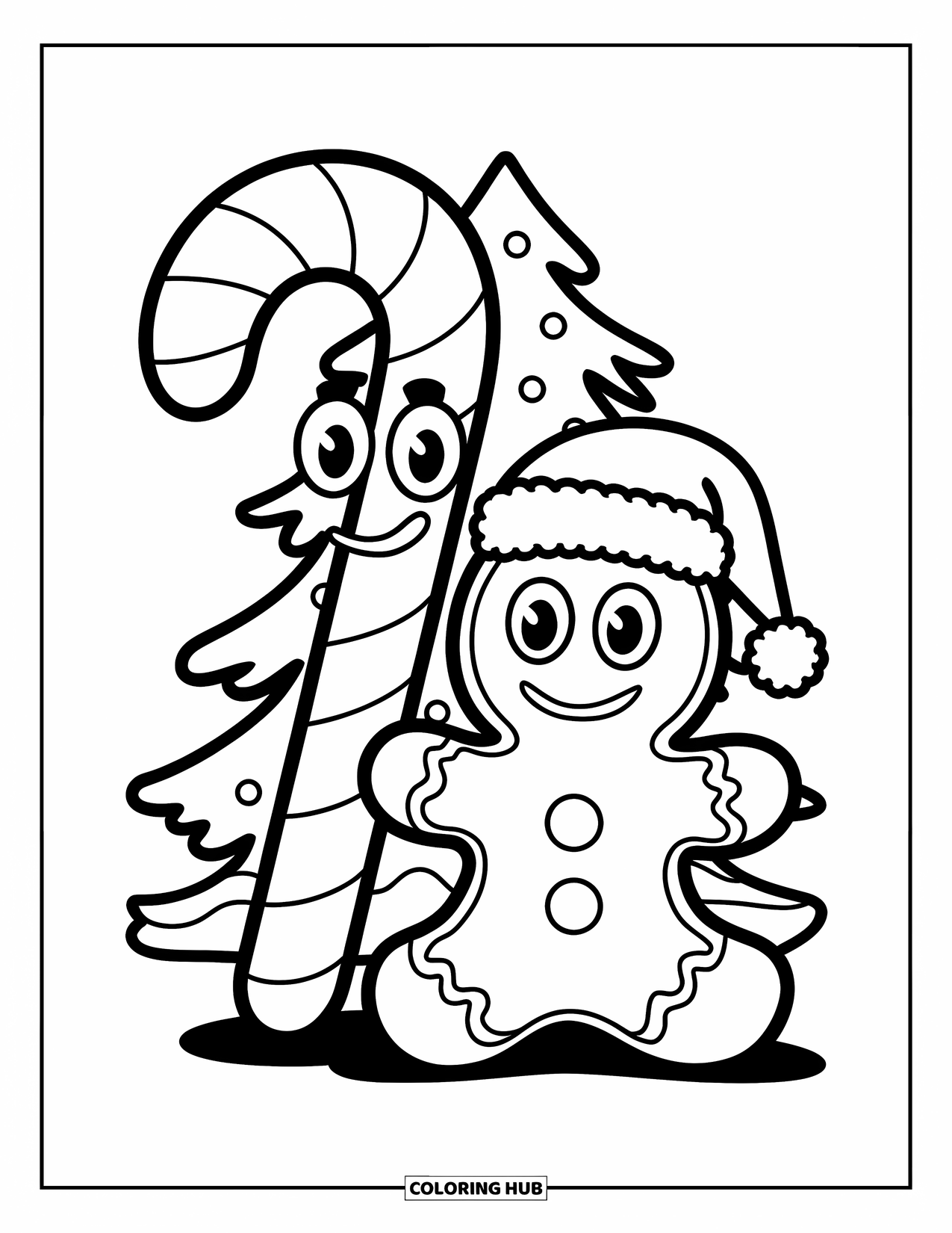Candy Cane Coloring Page for Kids: The candy cane and gingerbread man wear Santa hats by a Christmas tree