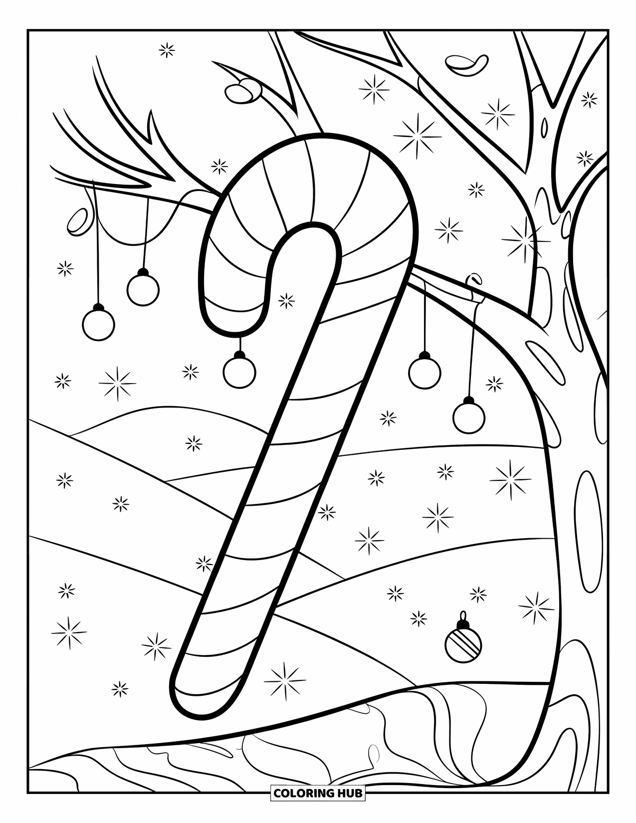 Candy Cane Coloring Page for Kids: Twinkling lights surround a candy cane hanging from a snowy, bare tree branch