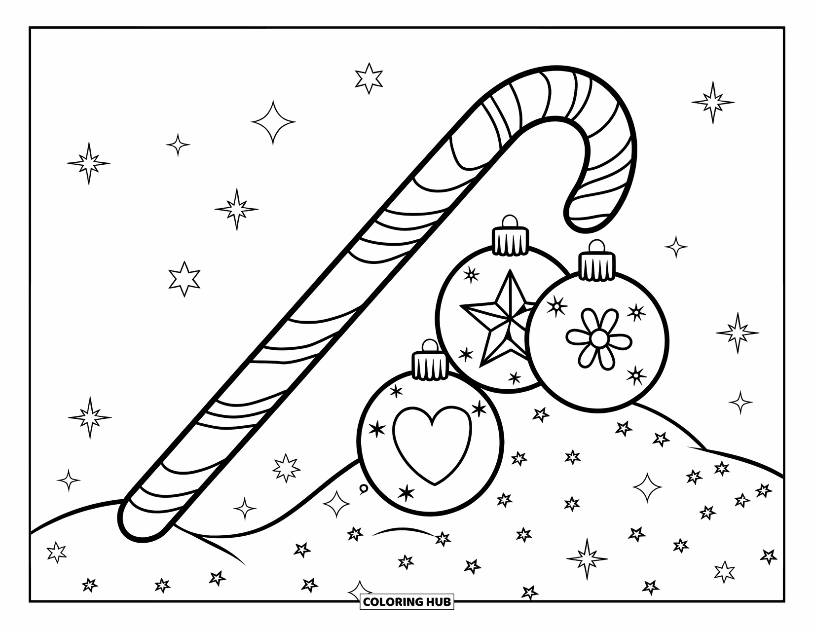 Candy Cane Coloring Page for Kids: Twinkling stars shine above a snow mound with a candy cane and three ornaments