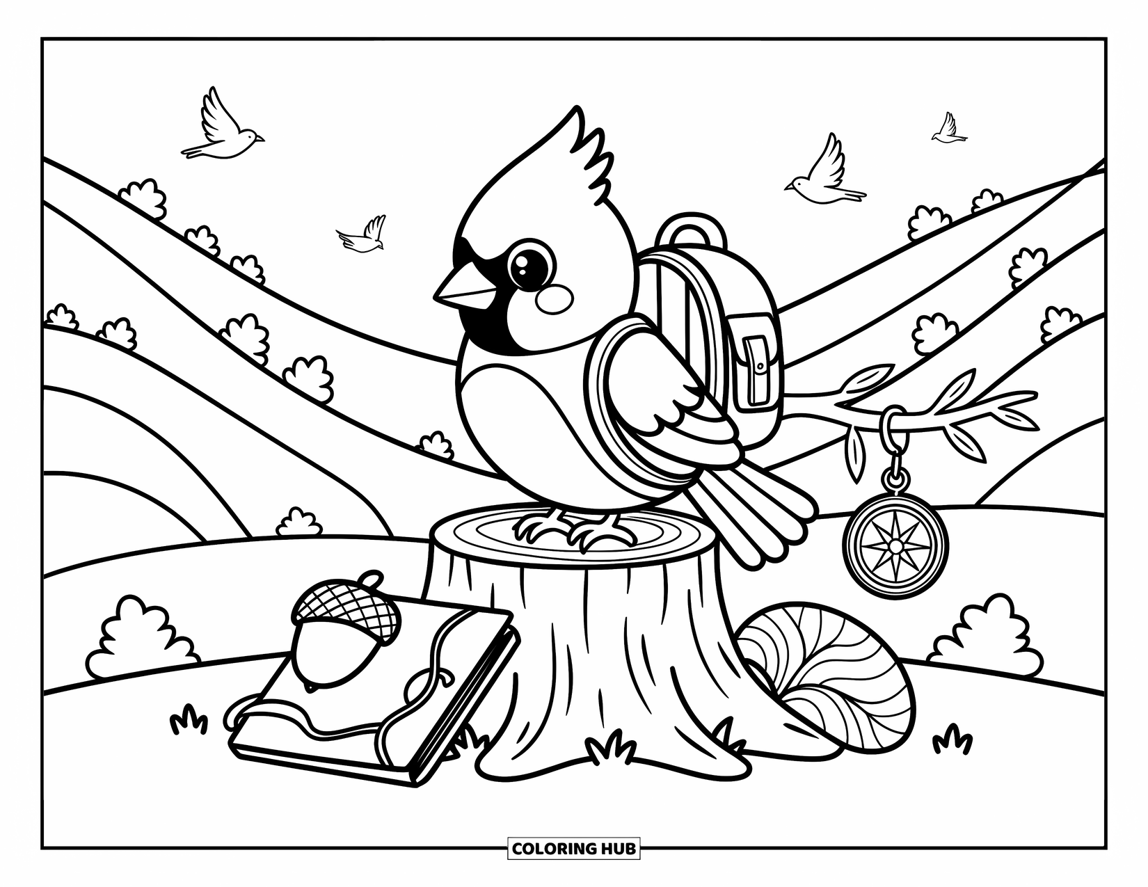 Cardinal Coloring Page for Adults: Adventurous cardinal with a backpack stands proudly on a stump beside tiny travel gear