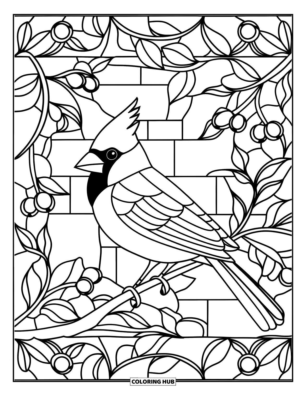 Cardinal Coloring Page for Adults: Cardinal among leaves and berries in a stained glass design with brick detail