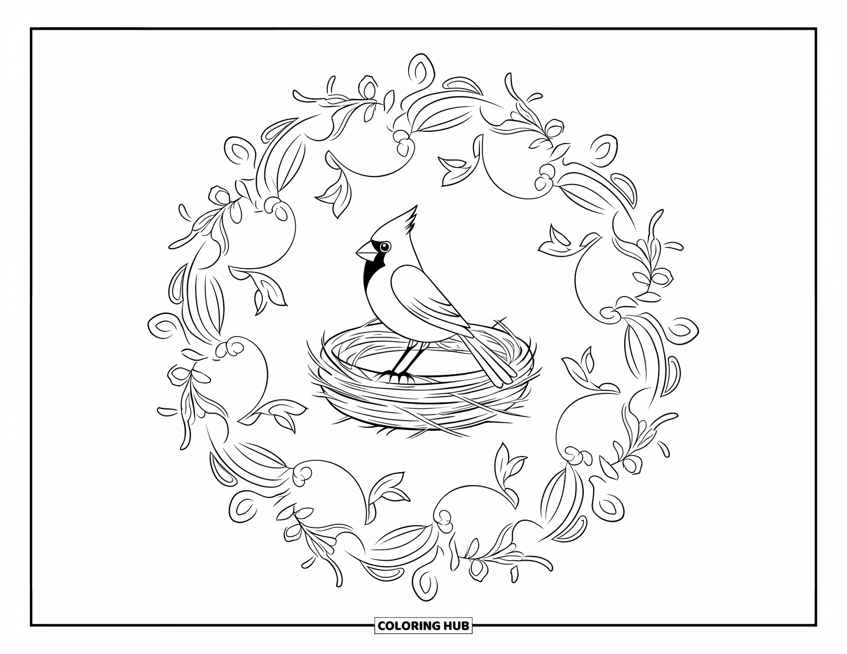 Cardinal Coloring Page for Adults: Cardinal in a nest surrounded by swirling floral filigree