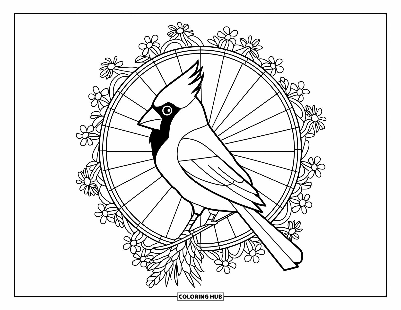 Cardinal Coloring Page for Adults: Cardinal in profile surrounded by stained glass rays and wildflowers