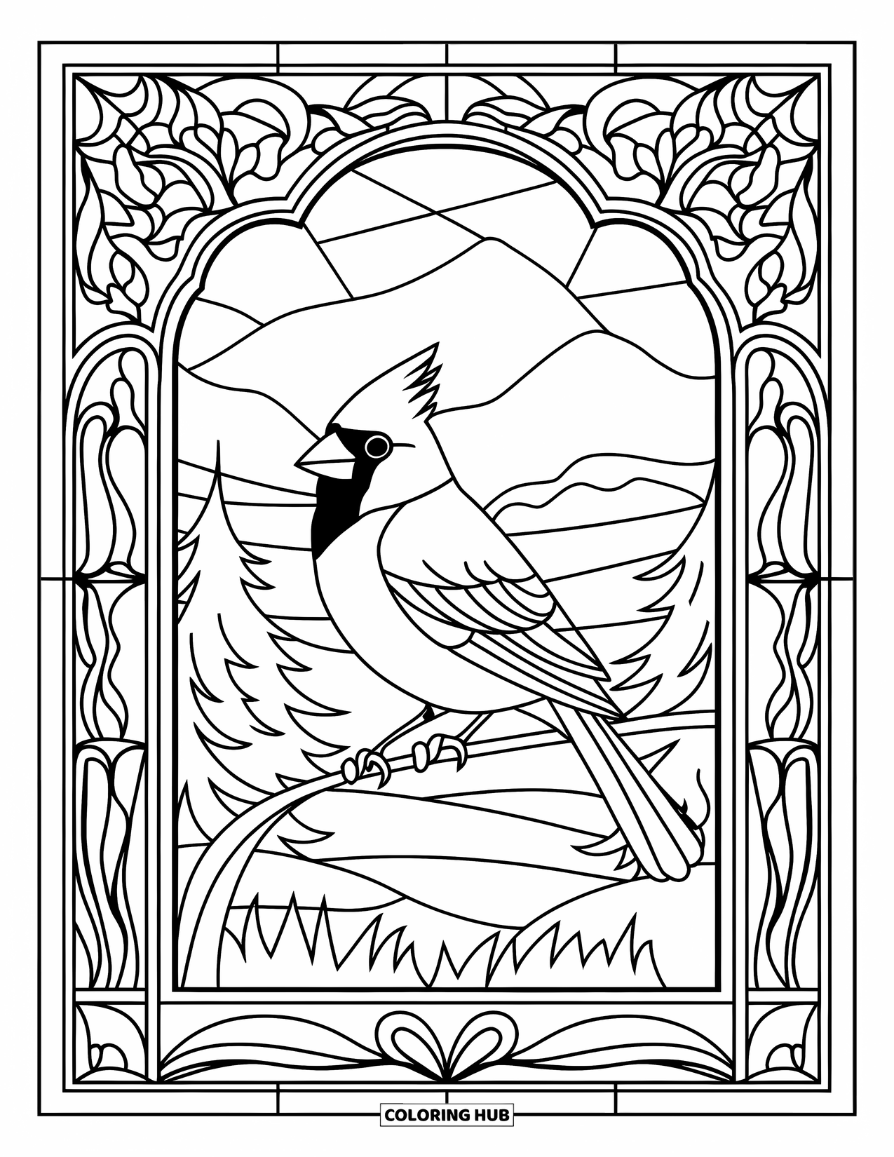 Cardinal Coloring Page for Adults: Cardinal in stained glass framed by flowers and distant mountains