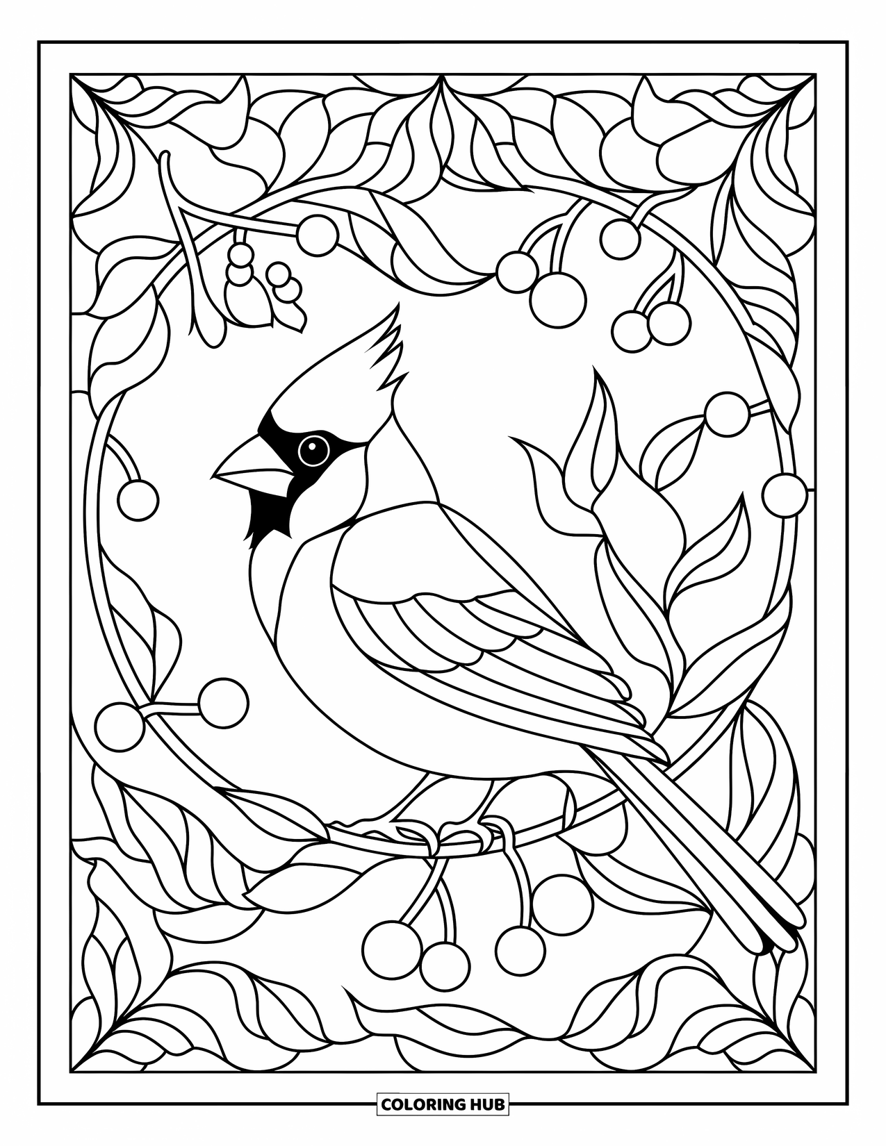 Cardinal Coloring Page for Adults: Cardinal nestled in stained glass filled with leaves and berries