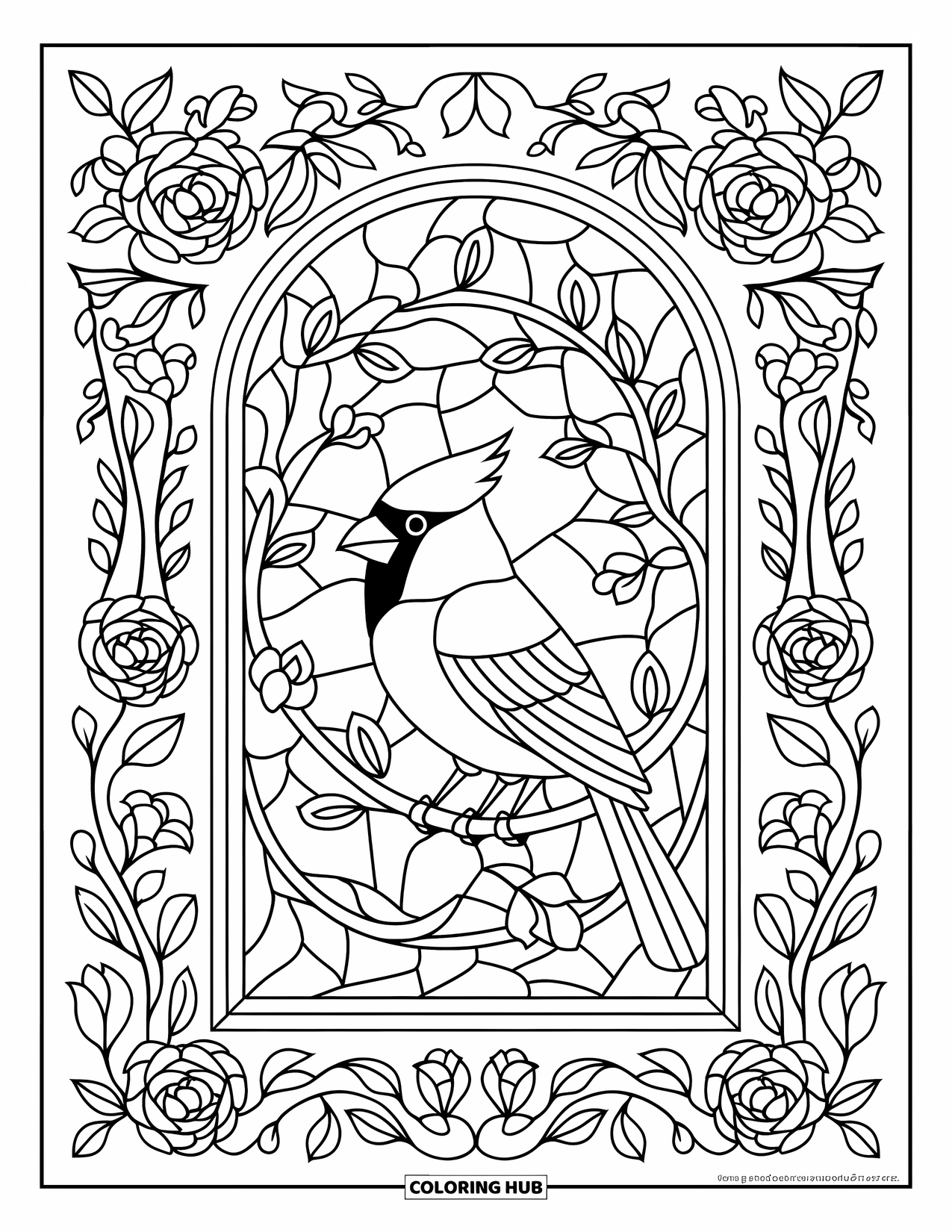 Cardinal Coloring Page for Adults: Cardinal on a branch inside a floral stained glass with detailed designs