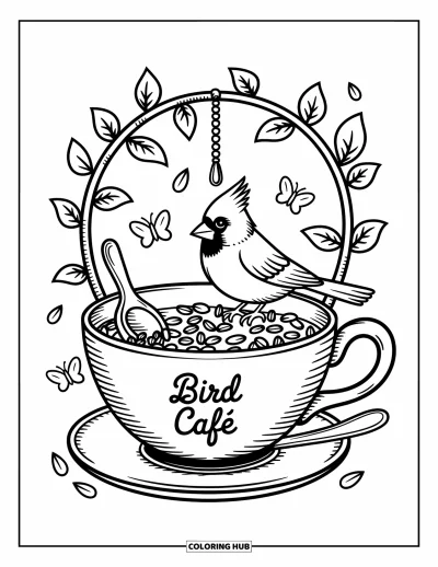 어른을 위한 홍관조 색칠공부: 덩굴과 씨앗, 나부끼는 잎이 있는 'Bird Café'라고 적힌 찻잔 먹이통 위의 홍관조