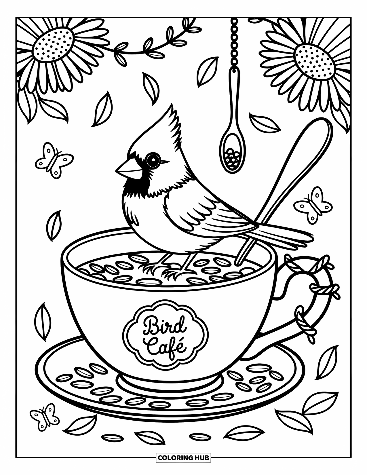 Cardinal Coloring Page for Adults: Cardinal perches on a teacup bird feeder with seeds, vines, and falling leaves