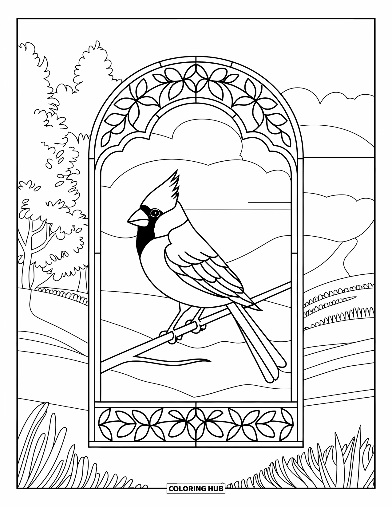Cardinal Coloring Page for Adults: Cardinal sits in a window-shaped stained glass with trees and hills behind