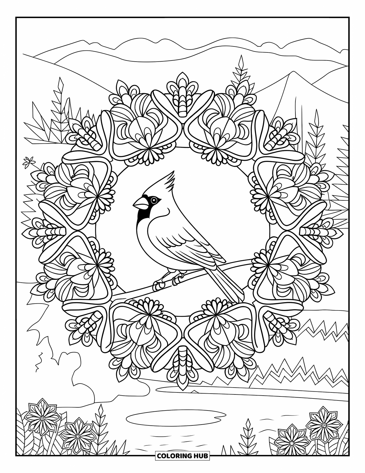 Cardinal Coloring Page for Adults: Cardinal sits on a branch surrounded by a full-page floral mandala