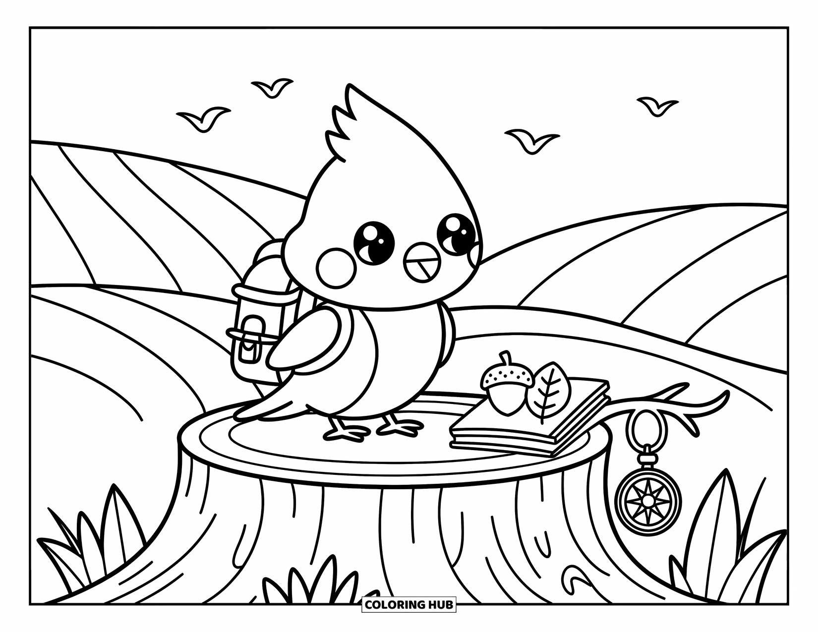 Cardinal Coloring Page for Adults: Cardinal with a backpack stands on a stump surrounded by cozy travel treasures