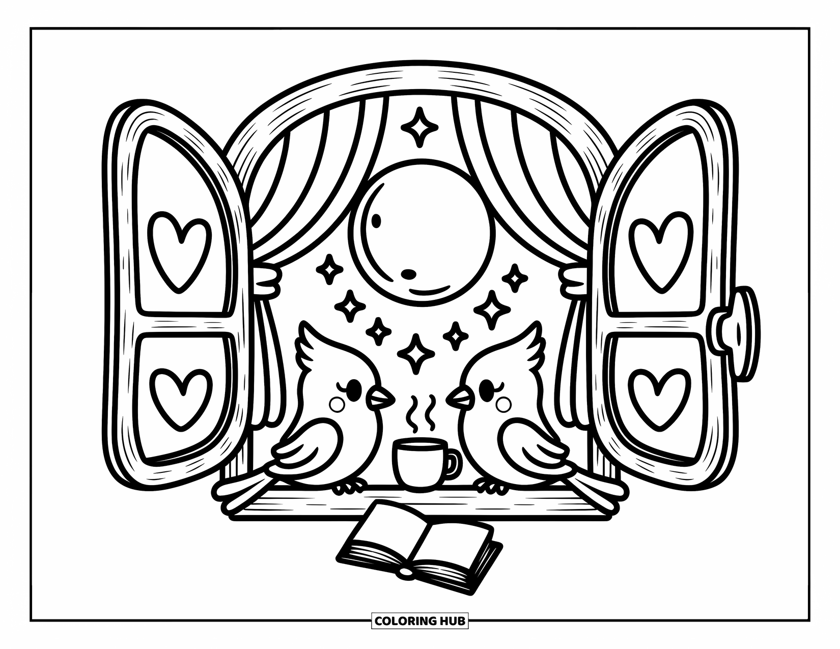 Cardinal Coloring Page for Adults: Cardinals gaze at the moon from a window sill with a mug and book beside them