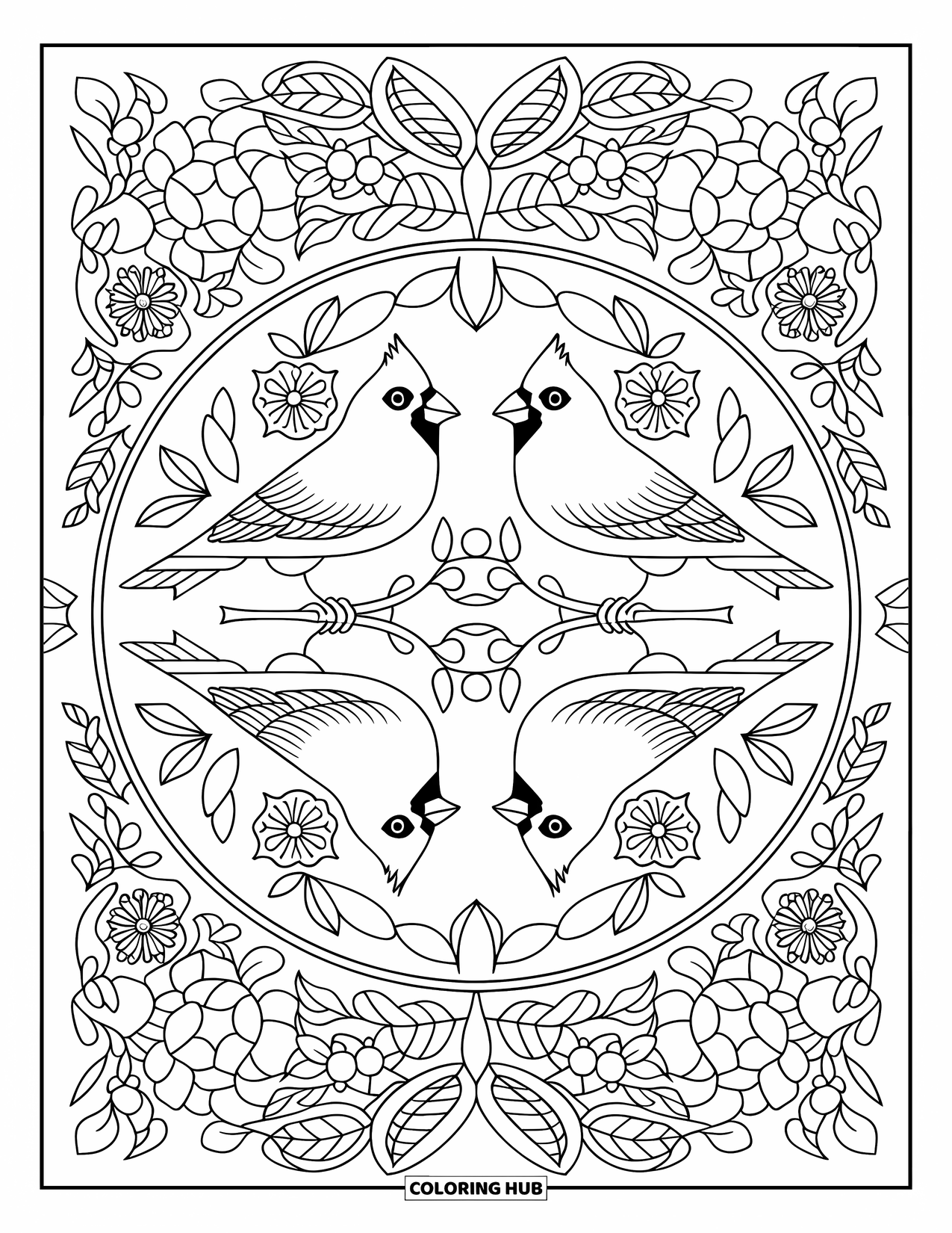 Cardinal Coloring Page for Adults: Cardinals mirrored in a circular floral mandala with leaves and flowers