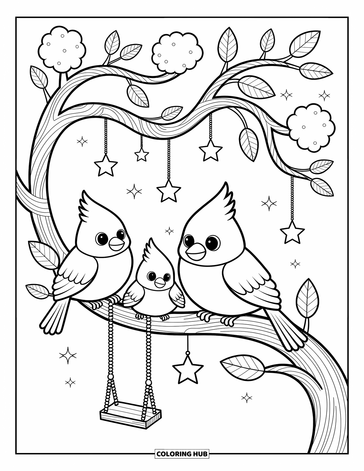 Cardinal Coloring Page for Adults: Cardinals snuggle on a star-lit branch with playful leaves and a wooden swing