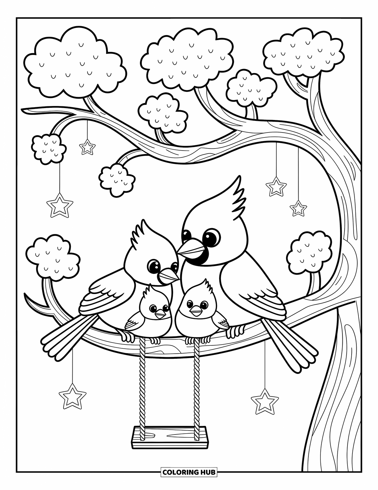 Cardinal Coloring Page for Adults: Three cardinals rest on a leafy branch with stars and a tiny swing nearby