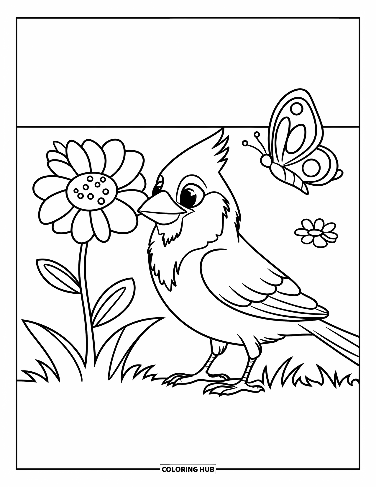 Cardinal Coloring Page for Kids: Bird and butterfly sit by a flower in a grassy, cheerful setting