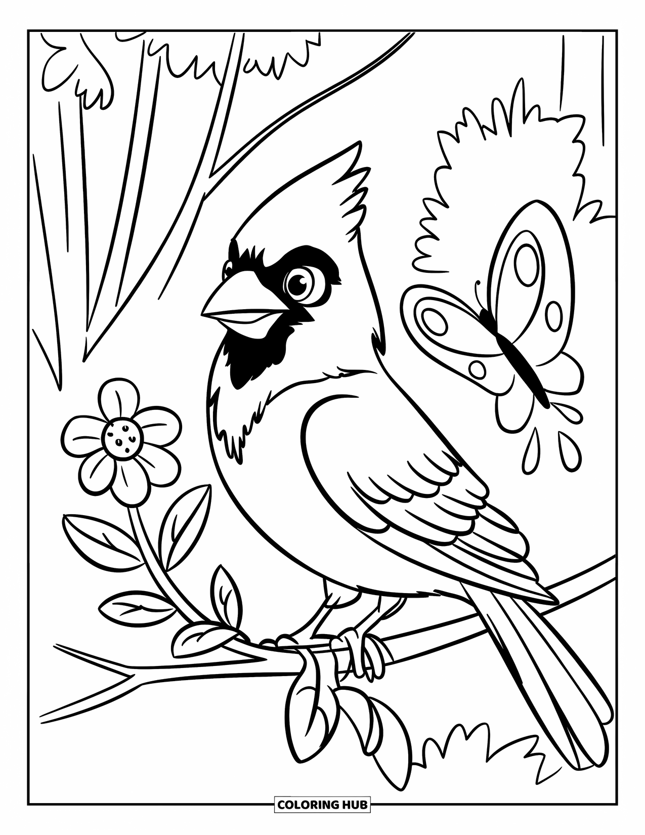 Cardinal Coloring Page for Kids: Cardinal beside a flower and butterfly near some distant trees
