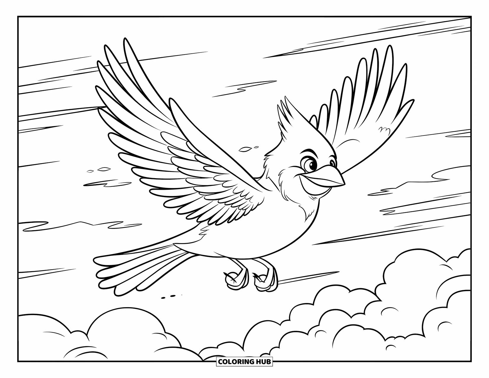 Cardinal Coloring Page for Kids: Cardinal flies through a cloudy sky with feathers fanned wide