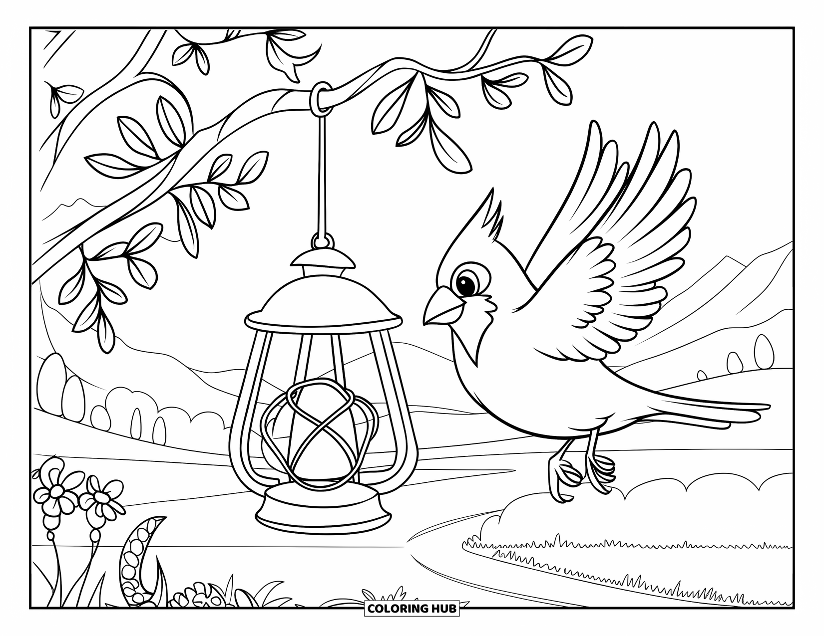 Cardinal Coloring Page for Kids: Cardinal flutters near a garden lantern hanging from a wooden frame