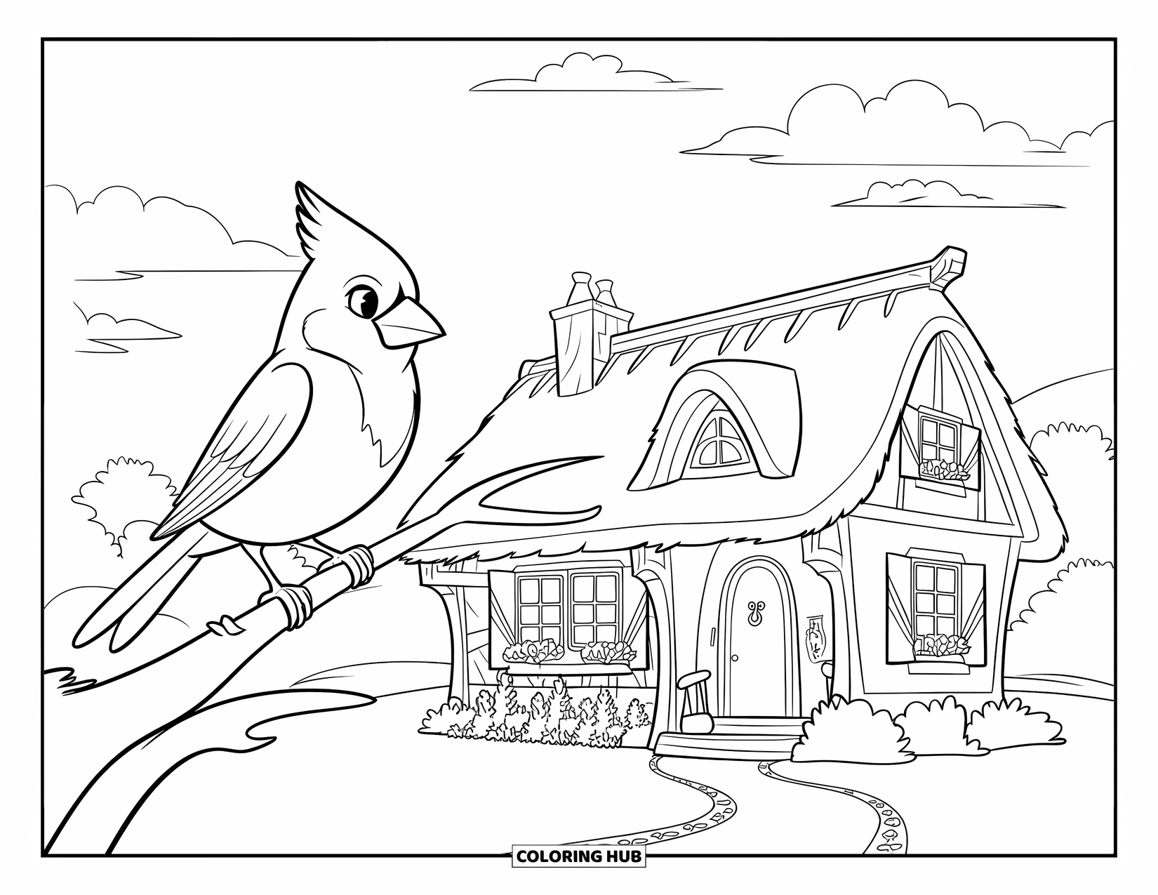 Cardinal Coloring Page for Kids: Cardinal near a small cottage with a chimney and shutters