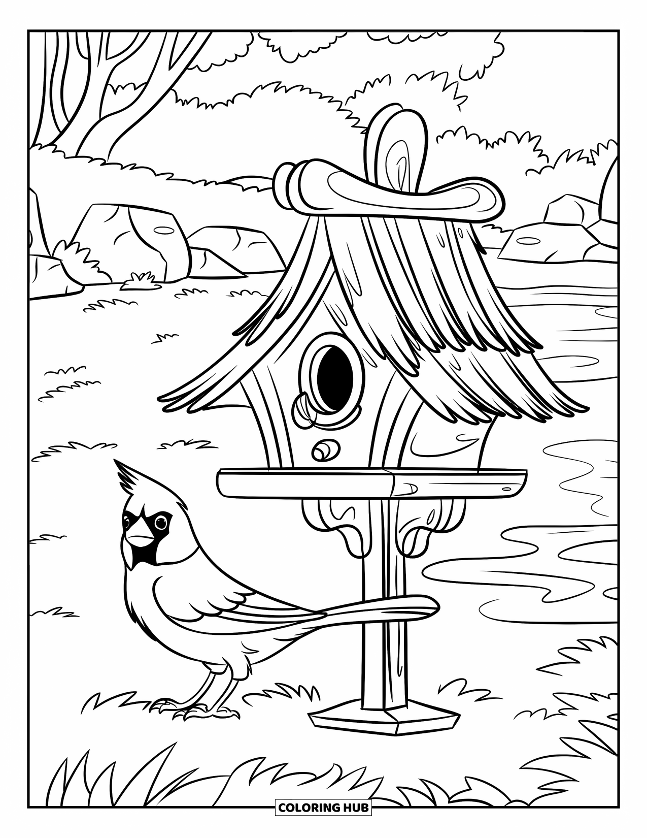 Cardinal Coloring Page for Kids: Cardinal near a thatched birdhouse by rocks and trees
