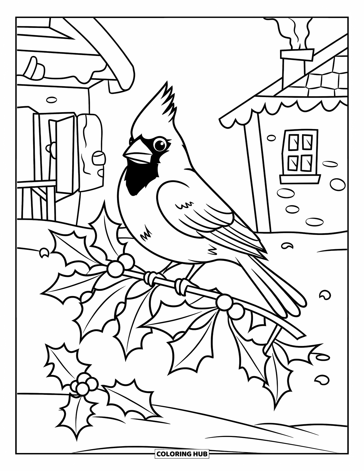 Cardinal Coloring Page for Kids: Cardinal on a snowy branch near a cottage with chimney smoke